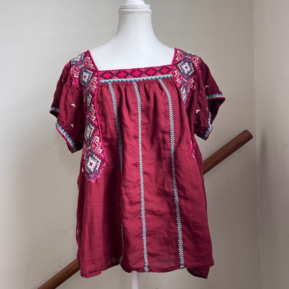 Johnny Was Burgundy Embroidered Blouse Large Ramie Boho Peasant Square Neck Red